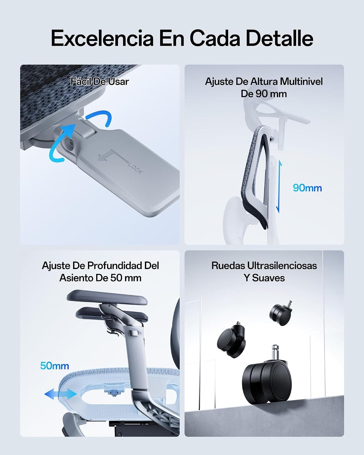 Ajustes de altura, profundidad del asiento y ruedas silenciosas, versión gris