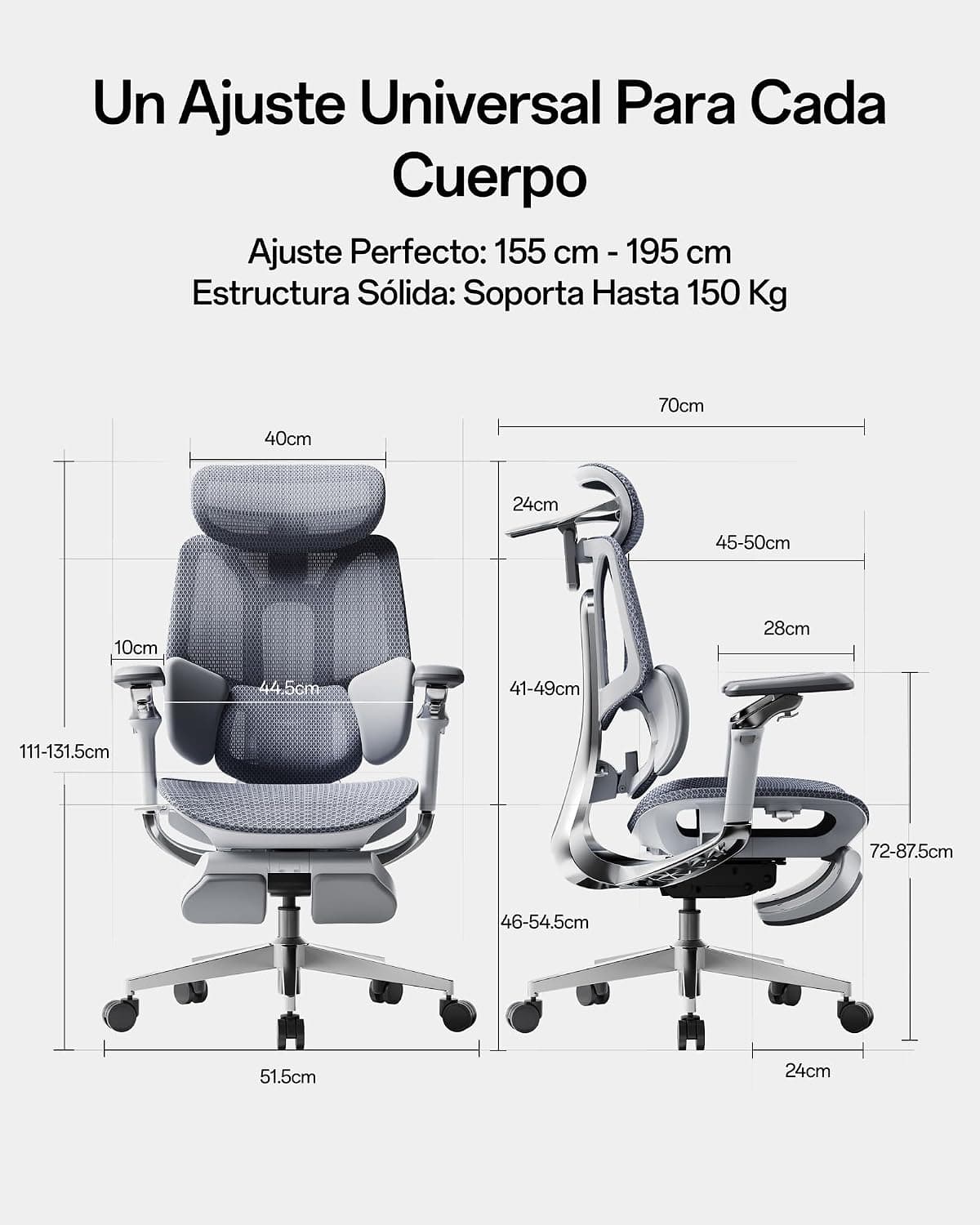 Medidas de la silla gris: altura 111–131,5 cm, carga hasta 150 kg