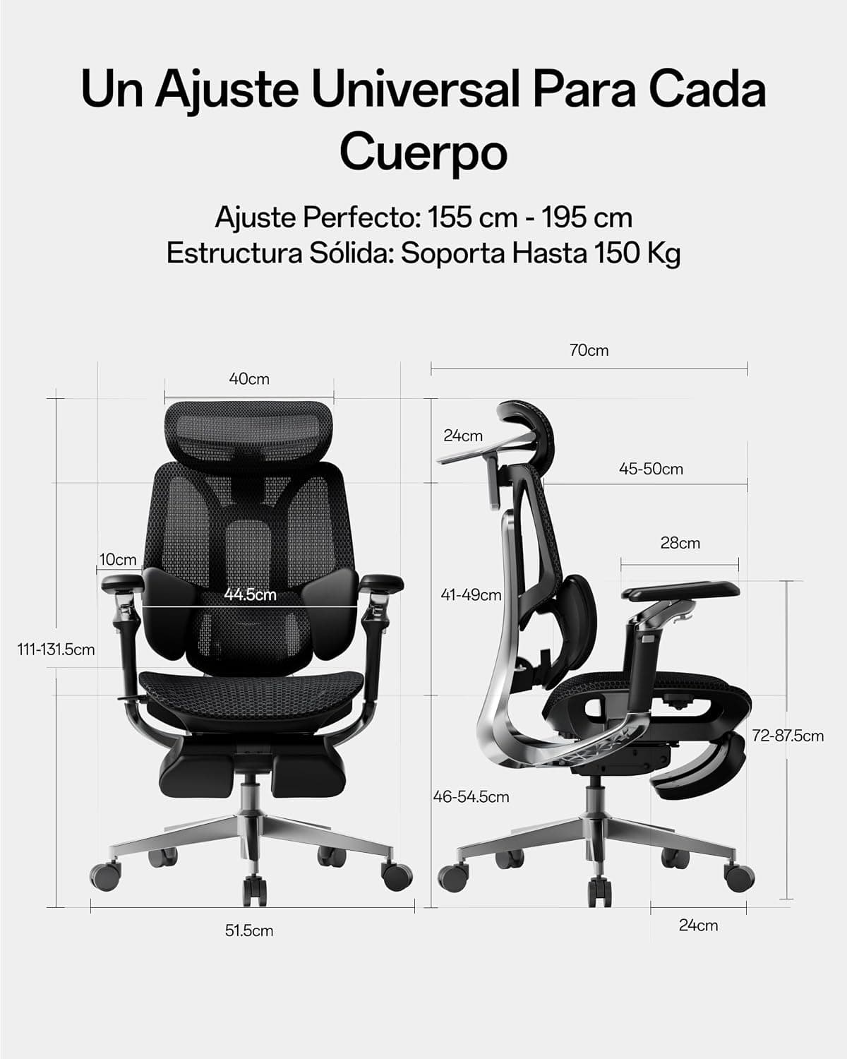 Plano de medidas de la silla negra con alturas de 111 a 131,5 cm
