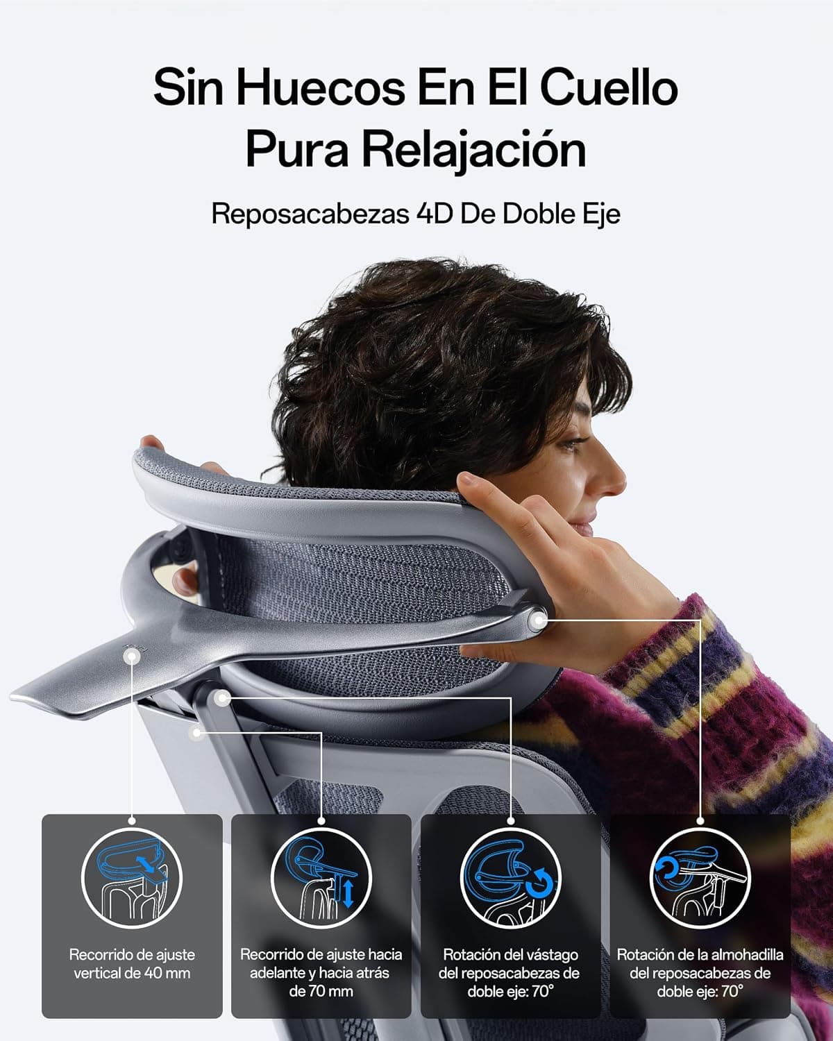 Mujer apoyando la cabeza en el cabecero 4D de doble eje