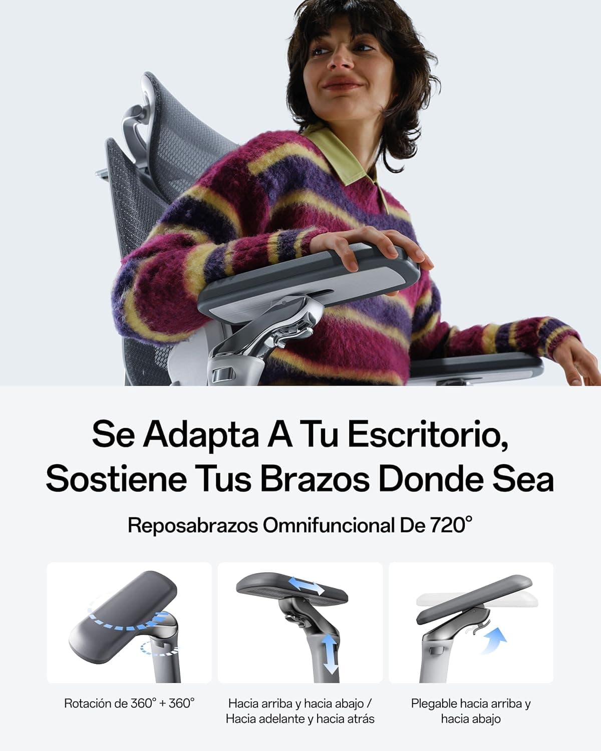 Mujer apoyando el brazo en el reposabrazos regulable 720°